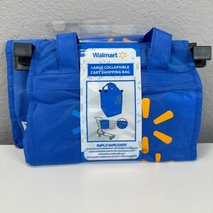 Walmart Large Collapsible Cart Shopping Bags (2) Blue Reusable Tote DEADSTOCK